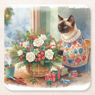 Porta-copo De Papel Quadrado Gato está arranjando Flores de Natal