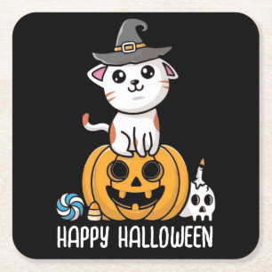 Porta-copo De Papel Quadrado Gato Fofo Sentado no Abóbora Halloween