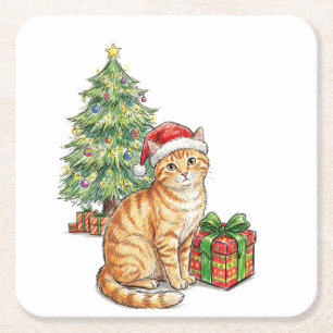 Porta-copo De Papel Quadrado Gato Ginger Fofo Chapéu de Papai Noel Enfeite de N