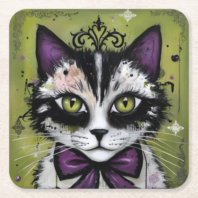 Porta-copo De Papel Quadrado Gato Gótico (Frente)