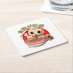 Porta-copo De Papel Quadrado Gato Japonês Fofo Comendo Macarrão com Hashis