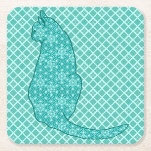 Porta-copo De Papel Quadrado Gato Japonês - Turquoise Kimono Impressão