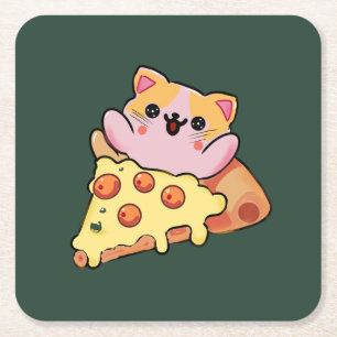 Porta-copo De Papel Quadrado Gato Kawaii Personalizado Abraçando Pizza de Peppe
