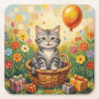 Porta-copo De Papel Quadrado Gato Listrado & Flores | Feliz Aniversário Menina