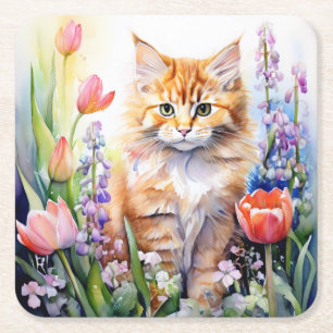Porta-copo De Papel Quadrado Gato Malhado Laranja Aquarela em Jardim de Flores