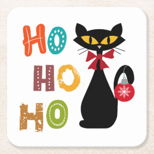 Porta-copo De Papel Quadrado Gato negro com design de texto Ho Ho Ho
