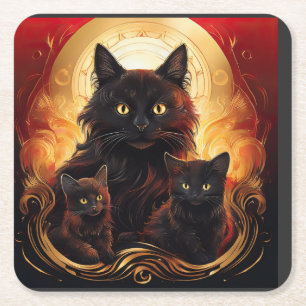 Porta-copo De Papel Quadrado Gato Negro E Seus Gatinhos Belos Aura