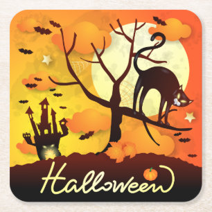 Porta-copo De Papel Quadrado Gato Negro Halloween