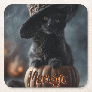 Porta-copo De Papel Quadrado Gato Negro "Meowgic" num Chapéu de Bruxa