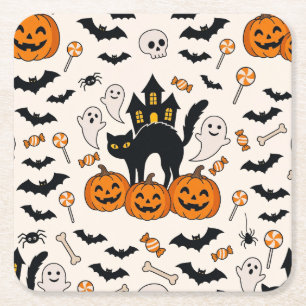 Porta-copo De Papel Quadrado Gato Preto de Halloween e Casa Assombrada da Abóbo