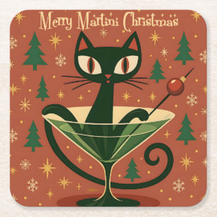 Porta-copo De Papel Quadrado Gato Preto do Meio do Século Feliz Martini Natal