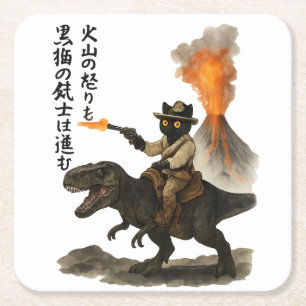Porta-copo De Papel Quadrado Gato Preto Épico Cowboy Montando Dinossauro com Vu
