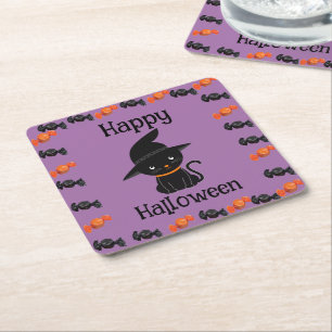 Porta-copo De Papel Quadrado Gato Preto Fofo de Chapéu de Bruxa Feliz Halloween