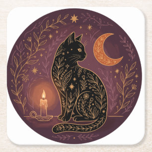 Porta-copo De Papel Quadrado Gato Preto Místico Celestial Bruxa de Halloween