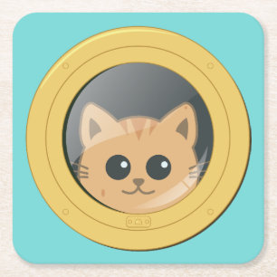 Porta-copo De Papel Quadrado Gato Ruivo Fofo Espiando pelo Olho de Boi do Barco