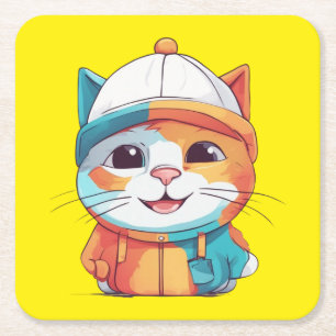 Porta-copo De Papel Quadrado Gato Sorridente Usando Chapéu-78190