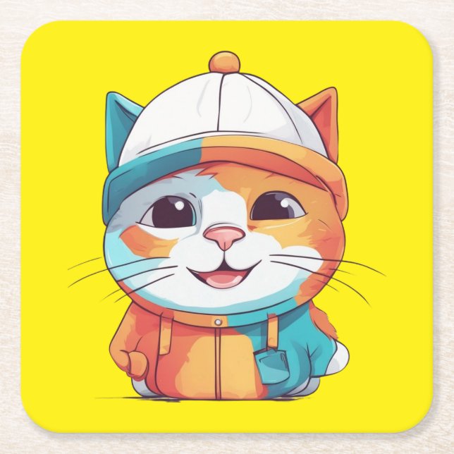 Porta-copo De Papel Quadrado Gato Sorridente Usando Chapéu-78190 (Frente)