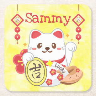 Porta-copo De Papel Quadrado Gato Sortudo Oriental Kawaii