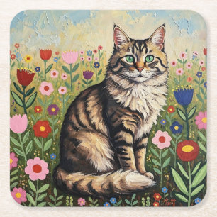 Porta-copo De Papel Quadrado Gato Tabby Cinza e Flores de Arte Popular