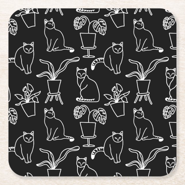 Porta-copo De Papel Quadrado Gatos brancos em preto (Frente)