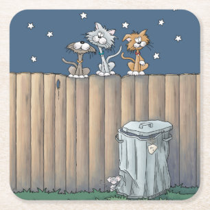 Porta-copo De Papel Quadrado Gatos de beco em um papel de parede de cerca