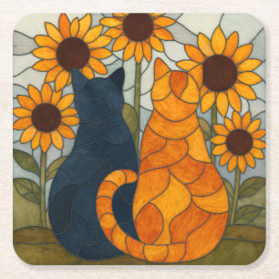 Porta-copo De Papel Quadrado Gatos de Vidro Colorido e Design de Arte de Girass