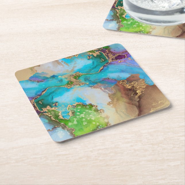 Porta-copo De Papel Quadrado Geode faux gold azul roxo, verde aquarela (Inclinado)