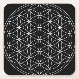Porta-copo De Papel Quadrado Geometria Sagrada: Flor da Vida Preto e Branco