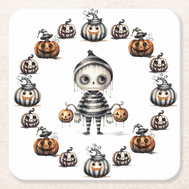 Porta-copo De Papel Quadrado Ghoul e Pumpkins bonitinhos (Frente)