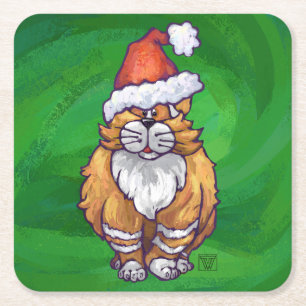 Porta-copo De Papel Quadrado Ginger Cat Christmas em verde
