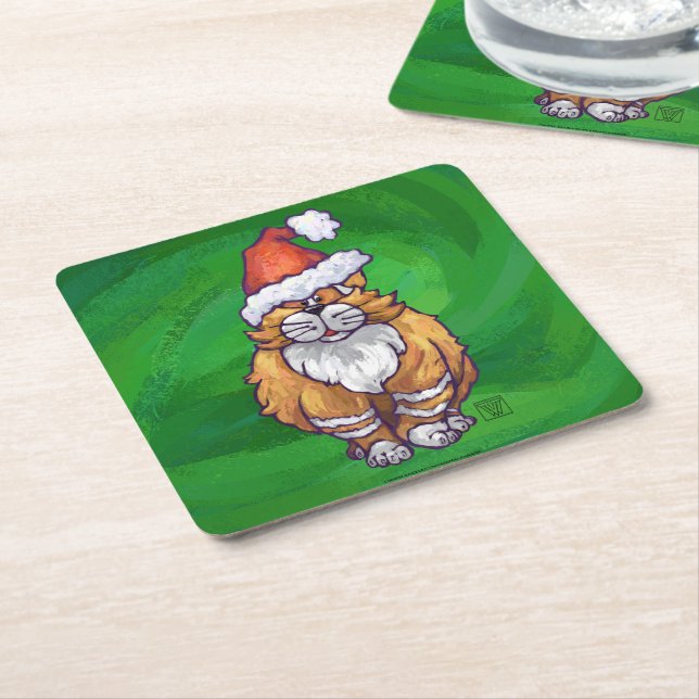 Porta-copo De Papel Quadrado Ginger Cat Christmas on Green (Inclinado)