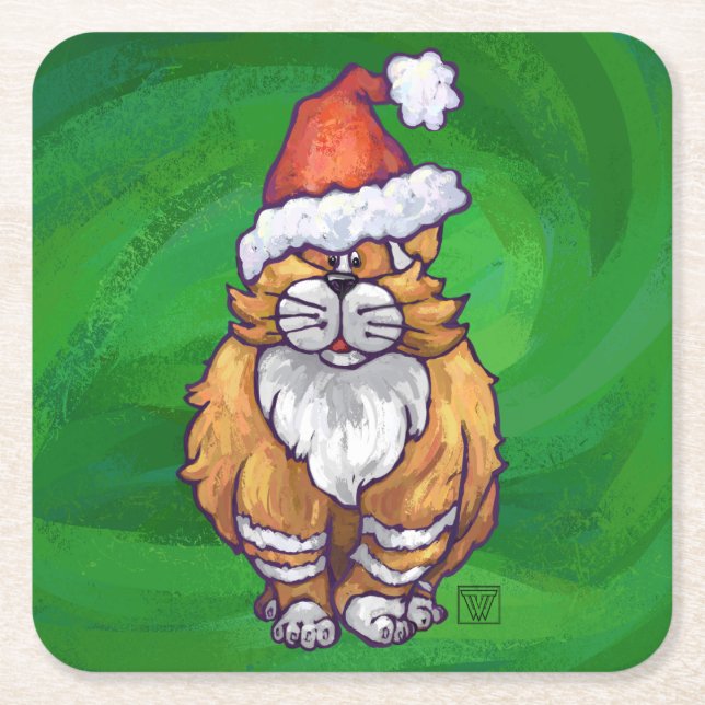 Porta-copo De Papel Quadrado Ginger Cat Christmas on Green (Frente)