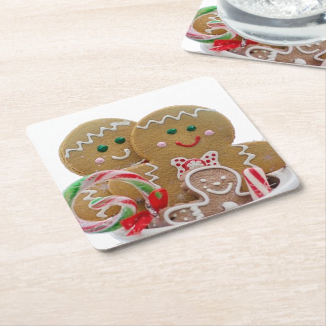 Porta-copo De Papel Quadrado Gingerbread Men Family Christmas (Inclinado)