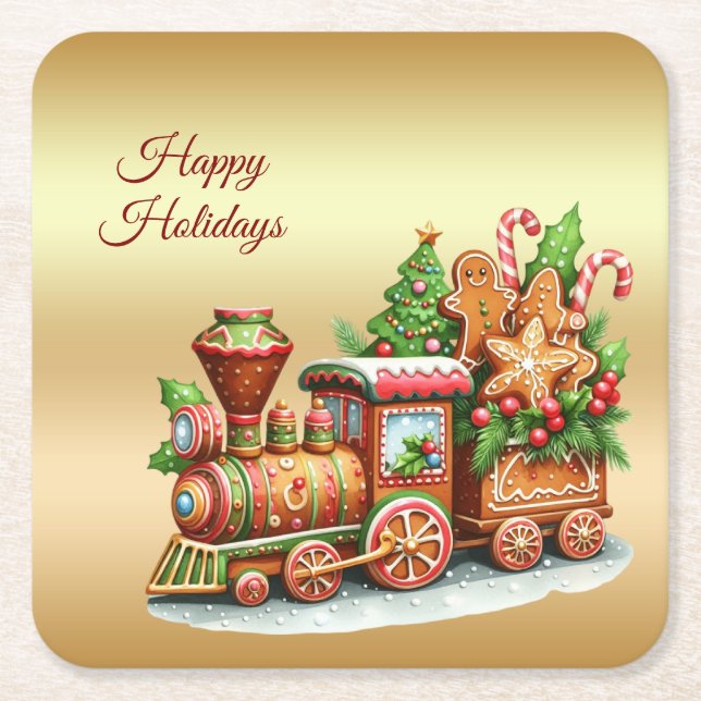 Porta-copo De Papel Quadrado Gingerbread Train Holiday Paper Coaster (Frente)