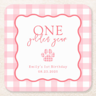 Porta-copo De Papel Quadrado Gingham Rosa, Um Ano Ouro, Meninas Primeiro Aniver