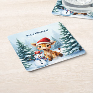 Porta-copo De Papel Quadrado Girafa de Cartoon Bonita com Santa Hat e Snowman