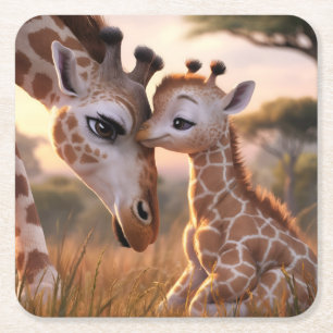 Porta-copo De Papel Quadrado Girafa Love: Bebê beijando mamãe