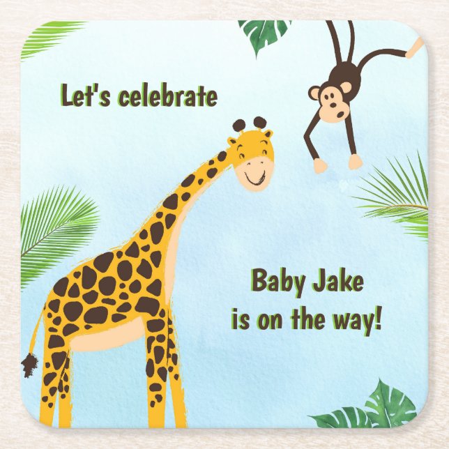 Porta-copo De Papel Quadrado Giraffe & Monkey Safari ou Zoo Party Animal (Frente)