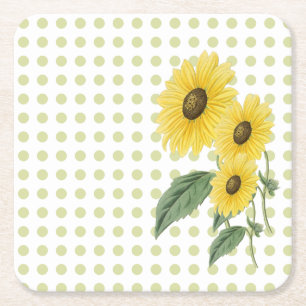 Porta-copo De Papel Quadrado Girassóis e polkadotos verdes claros em branco