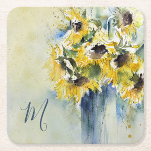 Porta-copo De Papel Quadrado Girassóis impressionista da aguarela com monogram