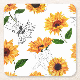 Porta-copo De Papel Quadrado Girassóis puxados à mão: padrão amarelo vibrante.