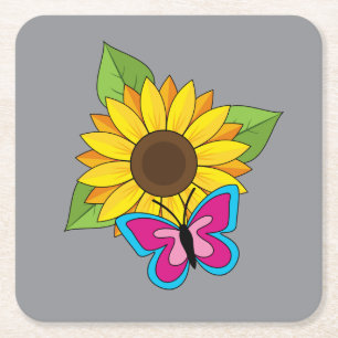 Porta-copo De Papel Quadrado Girassol Amarelo e Borboleta Azul Rosa