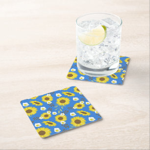 Porta-copo De Papel Quadrado Girassol Amarelo Flor Floral Fundo Azul