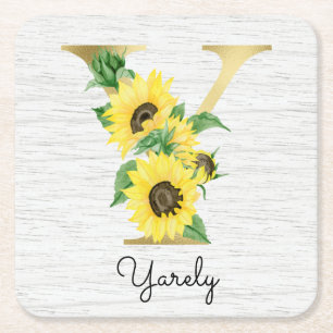 Porta-copo De Papel Quadrado Girassol Dourado Monograma Inicial Floral Feminino
