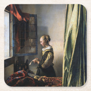 Porta-copo De Papel Quadrado Girl Reading a Letter at an Open Window, Vermeer