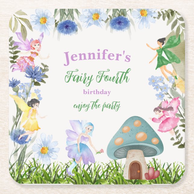 Porta-copo De Papel Quadrado Girl's Fairy Birthday Fairies and Flowers Any Age (Frente)