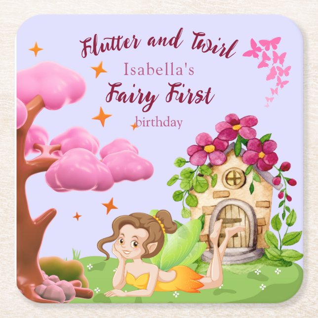 Porta-copo De Papel Quadrado Girls Fairy First Fairytale Mushroom Butterfly (Frente)