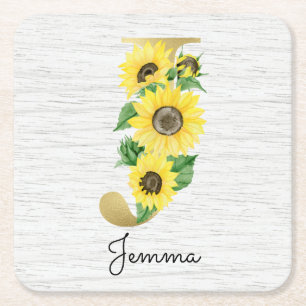 Porta-copo De Papel Quadrado Girly Floral Inicial J de Girassol Dourado Monogra