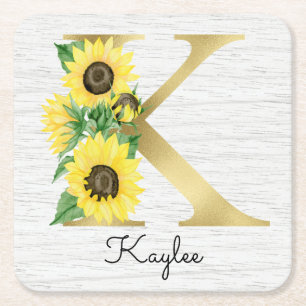 Porta-copo De Papel Quadrado Girly Floral Monograma Sol Golden Inicial K