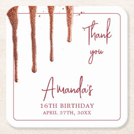 Porta-copo De Papel Quadrado Glamorous Rosa, Glitter Dourado, Doce 16 Aniversár